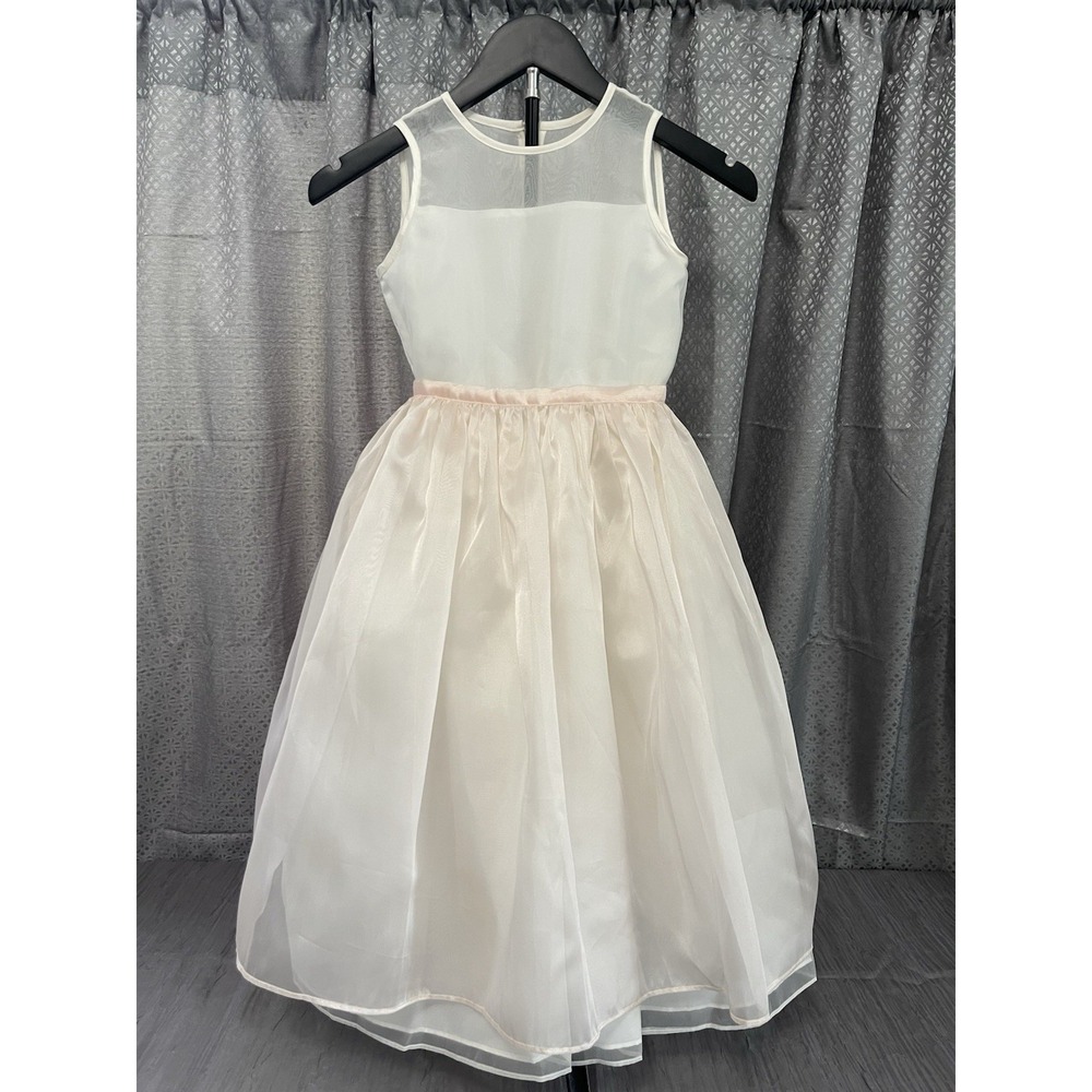 US Angels Size 6 Flower Girl Formal Dress #306 Creme Organza with Pink Apron